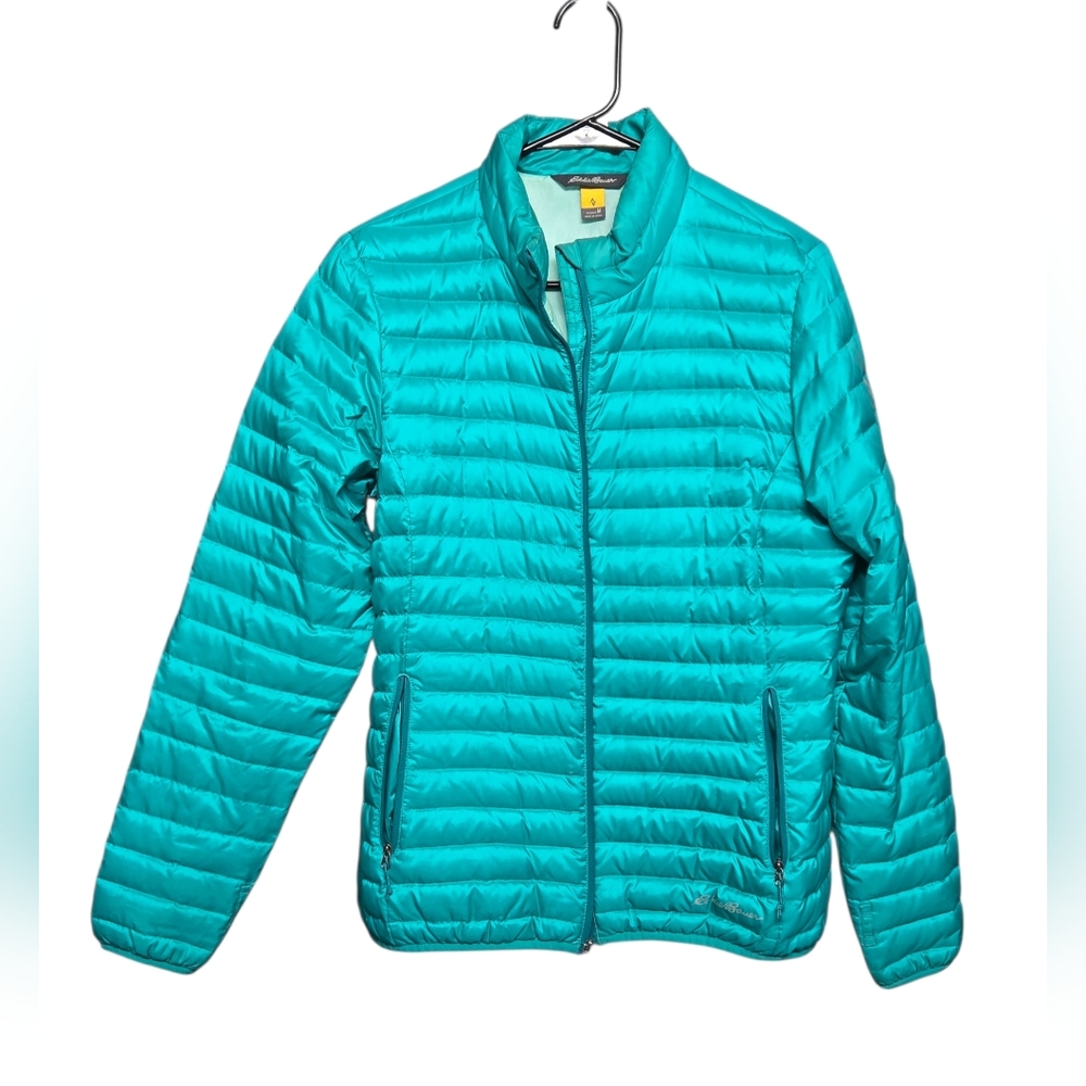 Eddie Bauer Zip-up Puffer Jacket Sz Medium Teal 19" Pit to pit  24" Length